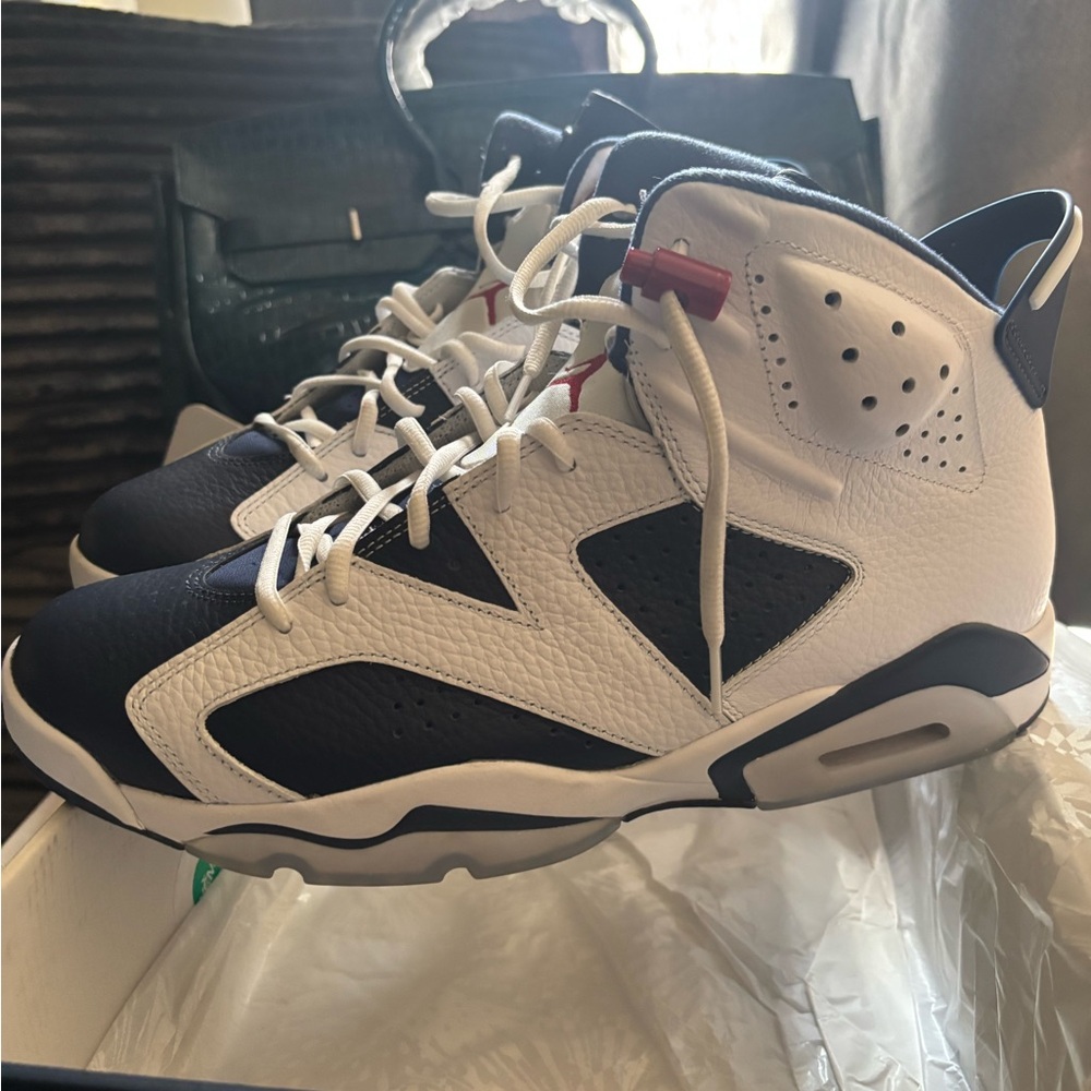 Jordan White and Navy High-Tops with Red Accents